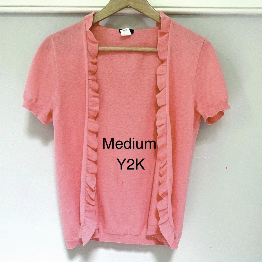 J.Crew Y2K Ruffle Trim Top Open Cardigan Shrug Cashmere Blend Short Sleeve Layer